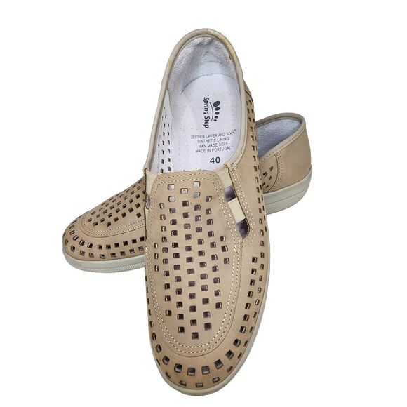 Spring Step Leather Upper Slip On Shoes Cut Out Flats Beige Size 9US 40 Portugal - Picture 2 of 16